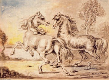  caballos Pintura - GIORGIO DE CHIRICO DOS CABALLOS EN UN PUEBLO